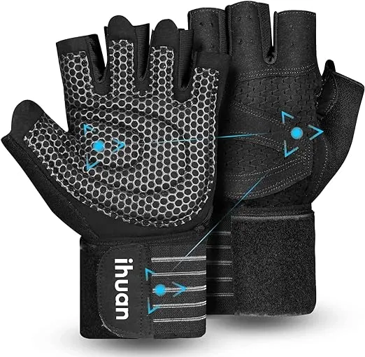 ihuan Ventilated Weight Lifting Gym Workout Gloves with Wrist Wrap Support for Men & Women, Full Palm Protection, for Weightlifting, Training, Fitness, Hanging, Pull ups