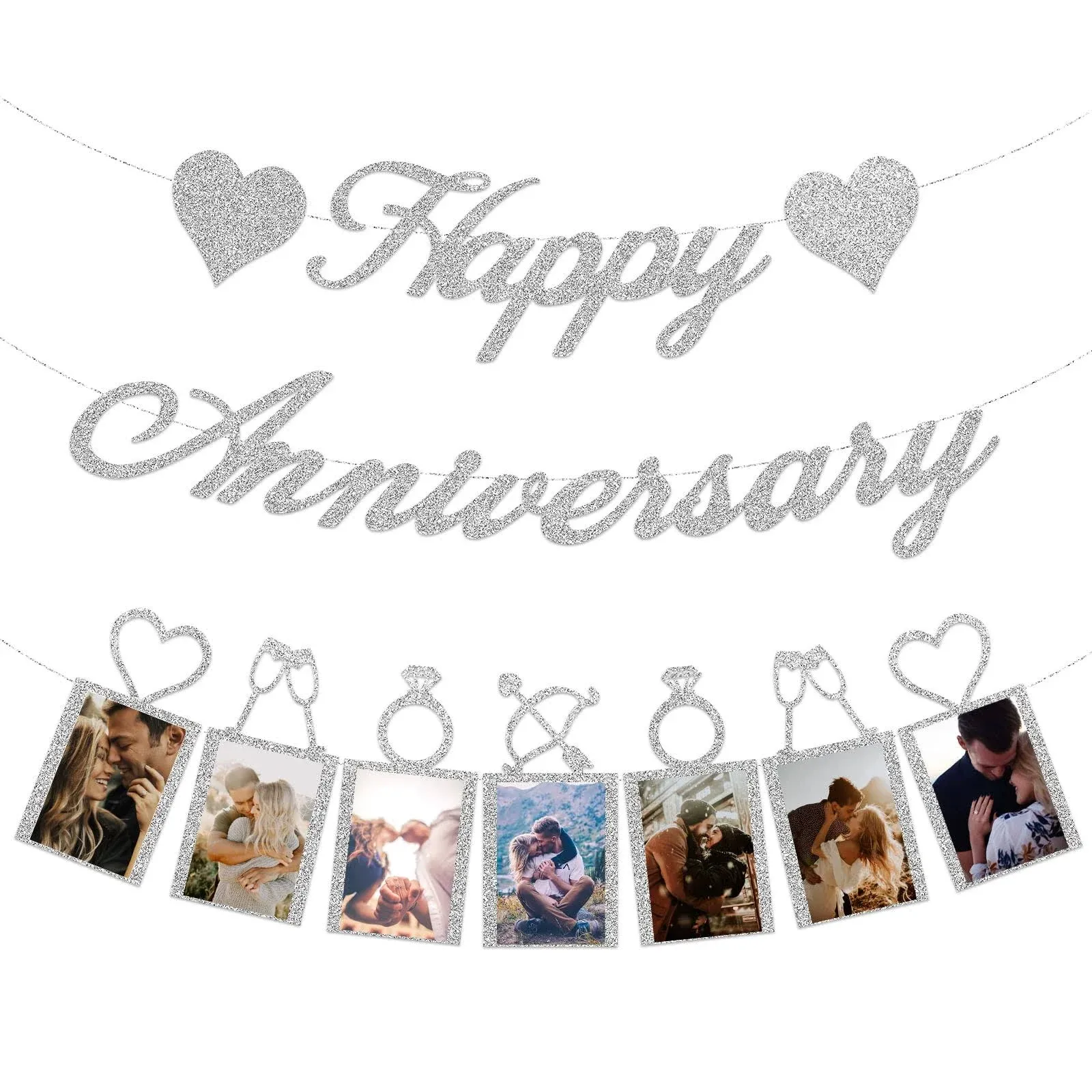 Happy Anniversary Party Decorations - Silver Happy Anniversary Banner and Photo Banner for Wedding Anniversary Party decor (Silver)