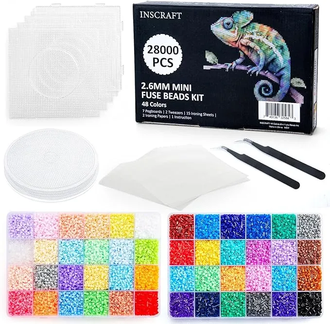 Inscraft 28,000 Mini Fuse Beads Kit 2.6mm, 48 Colors 7 Pegboards 15 Roning 2 Tweezers 2 Lroning Papers Melty Beads Melting Beads