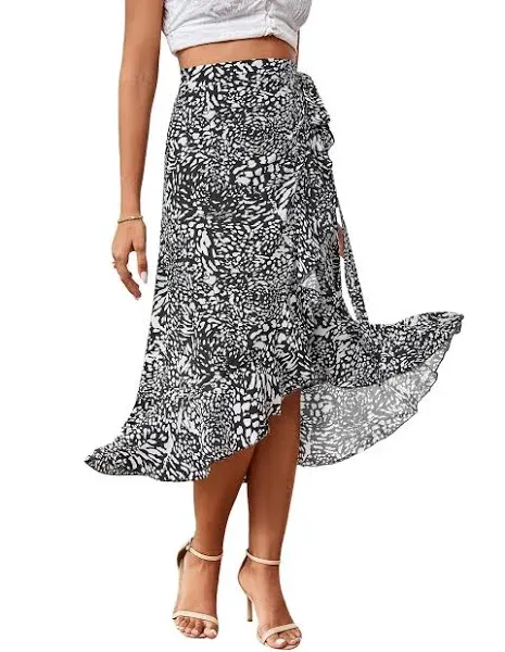 LYANER Women's Boho Floral Print Wrap Front Self Tie Knot Ruffle Hem Split Midi Skirt