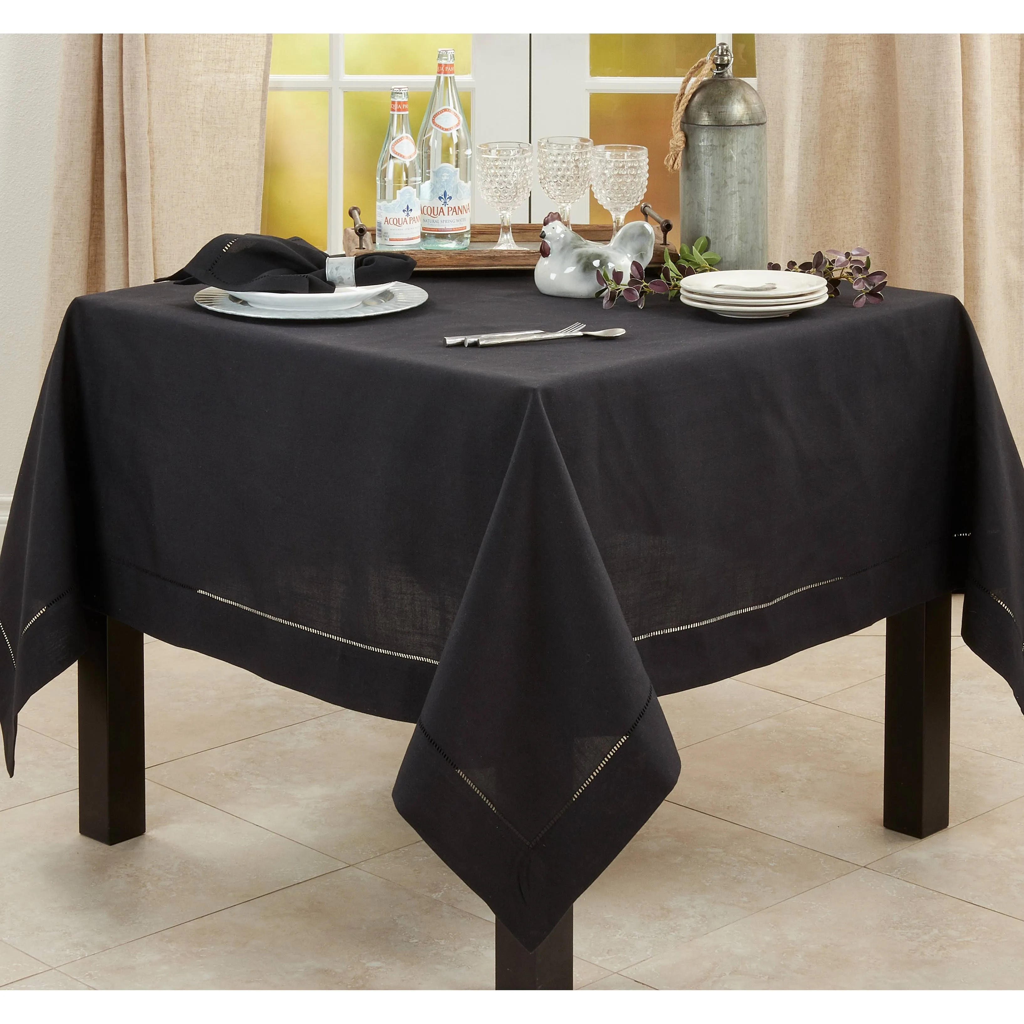 SARO  60 in. Square Classic Hemstitch Border Tablecloth  Black