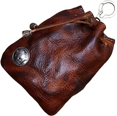 1 Pcs Leather Mini Medieval Pouch Keychain, Coin Organizer, Change Holder, Leather Drawstring Pouch for Men & Women