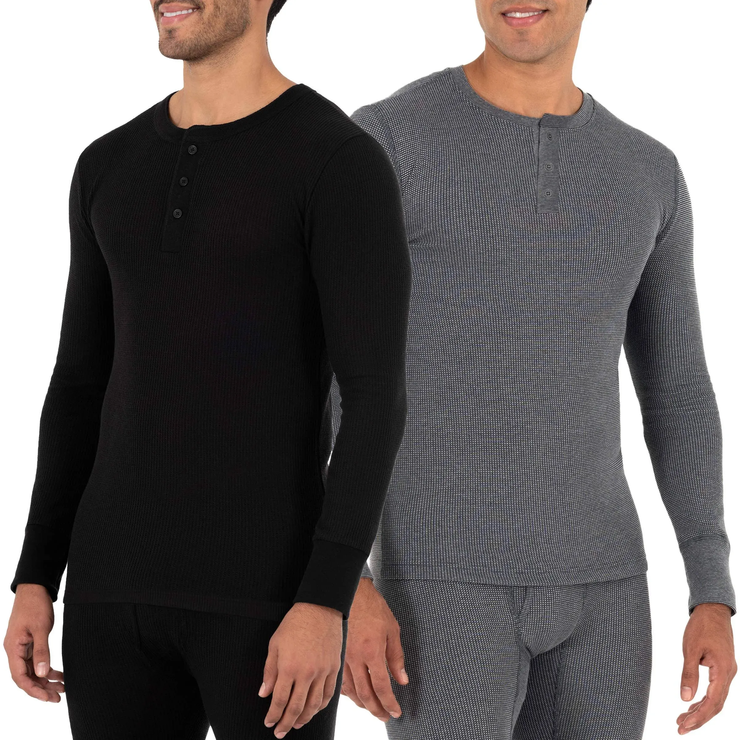 Men&#039;s Recycled Waffle Thermal Underwear Henley Top (1 and 2 Packs), Black/Gre...