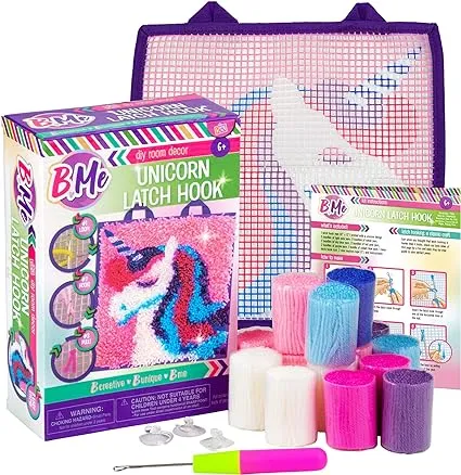 B Me DIY Unicorn Latch Hook Kit for Girls – Mini Rug Sewing Set with 15 Colorful Yarn Bundles, Color-Coded Canvas, DIY Grils Bed