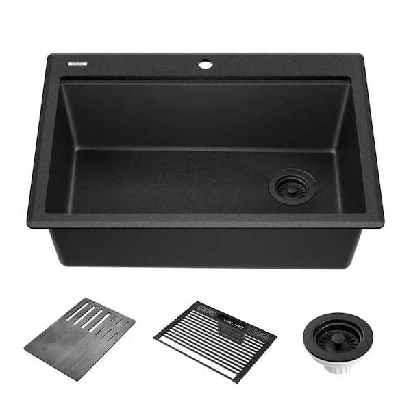 Delta 75A933-30S-BL Everest 30" L Granite Composite Workstation Kitchen Sink Drop-In Top Mount Single Bowl with Workflow Ledge Finish: Black