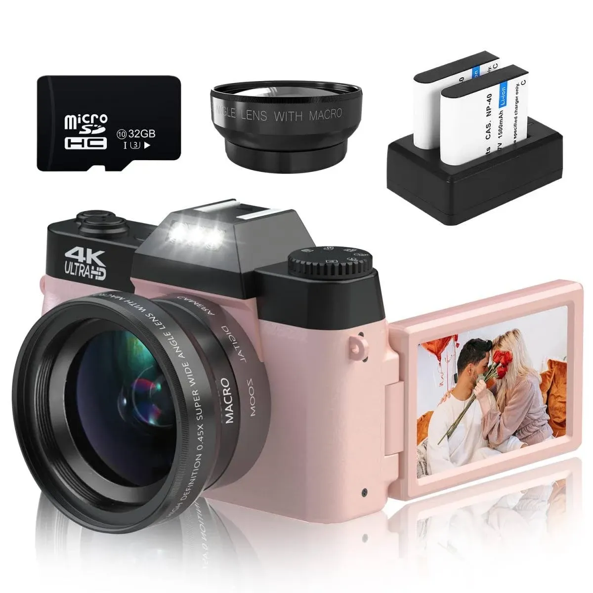 Digital Cameras for Photography, 4K 48MP Vlogging Camera 16X Digital Zoom Manual Focus Rechargeable Students Compact Camera with 52mm Wide-Angle & Macro Lens, 32G TF Card and 2 Batteries