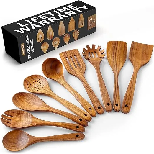 9-Piece Natural Teak Wooden Utensils for Cooking - Brown