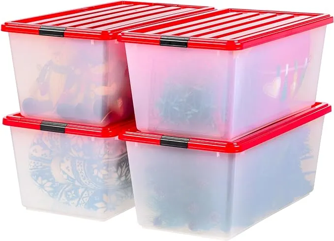 IRIS USA 91 Qt/22.75 Gal Stackable Nestable Plastic Christmas Storage Bins Organizer with Lids and Latching Buckles, 4-Pack, Containers with Lids, Christmas Decoration Light Storage, Clear/Red