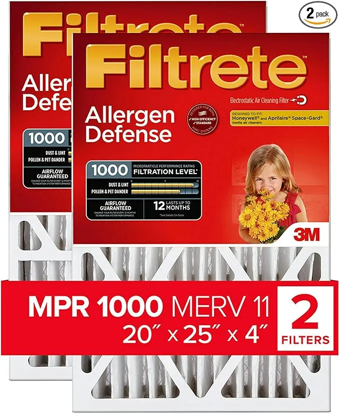 3M Filtrete 4-Inch MPR 1000 Micro Allergen Defense Air Filters 20x25x4 2-Pack