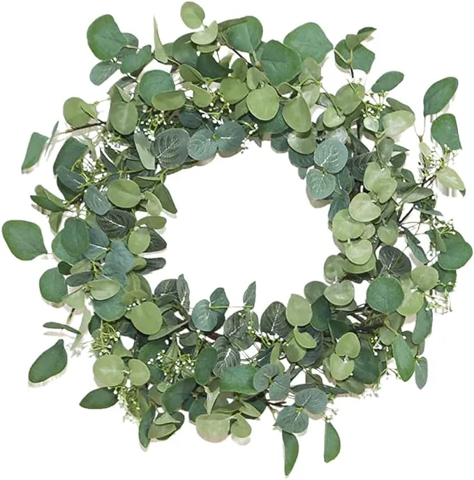 Lvydec Artificial Eucalyptus Wreath - 20" Fake Green Leaves Eucalyptus Wreath with Seeds for Front Door, Wall, Window, Farmhouse Decoration