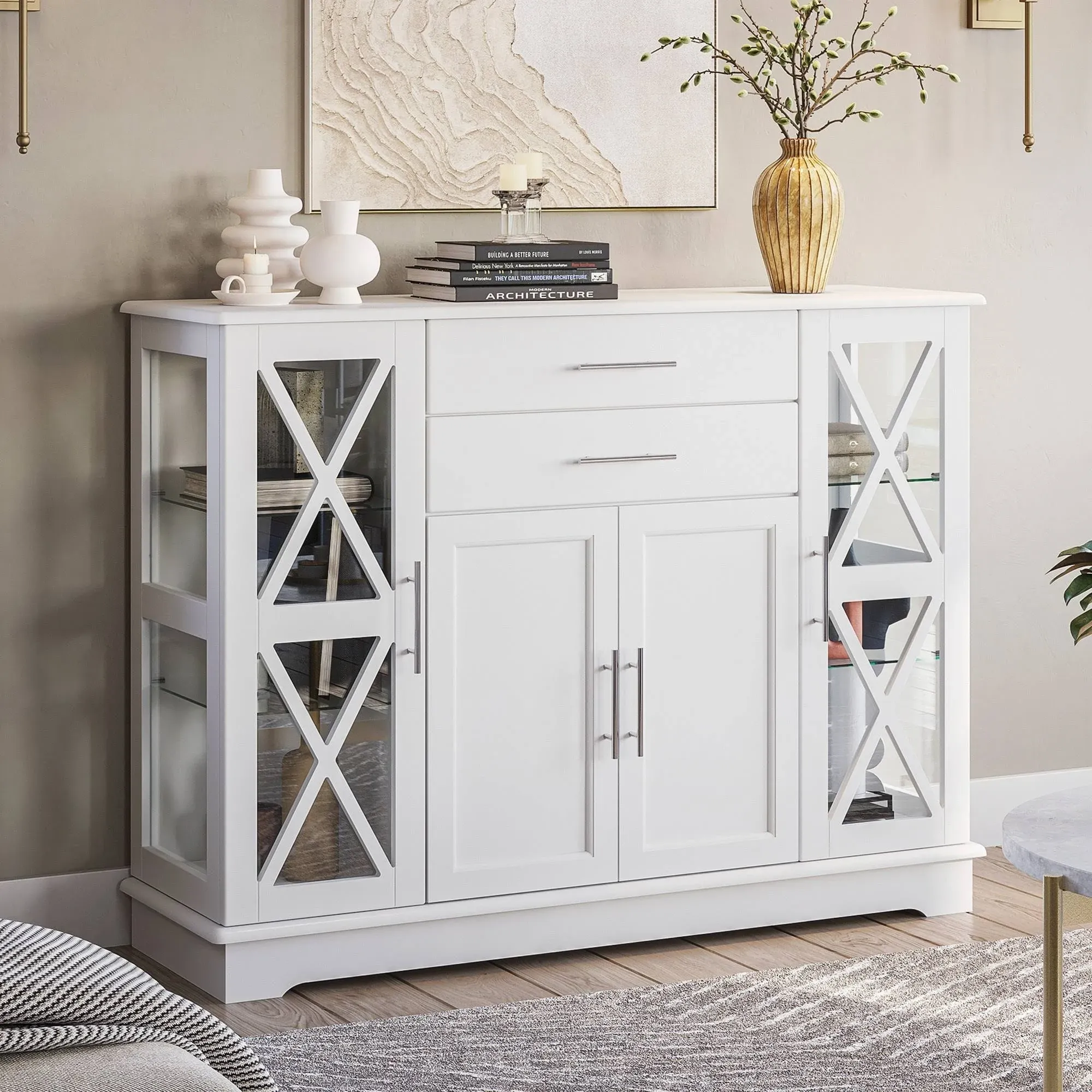 Belleze 47" Wood Storage Sideboard Buffet Cabinet Console Table - White