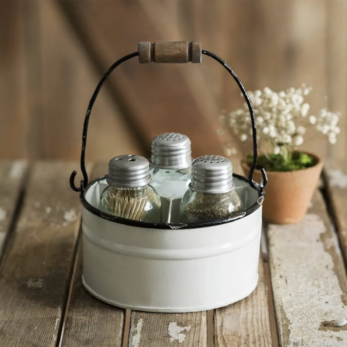 Round Bucket Salt Pepper and Toothpick Caddy - White