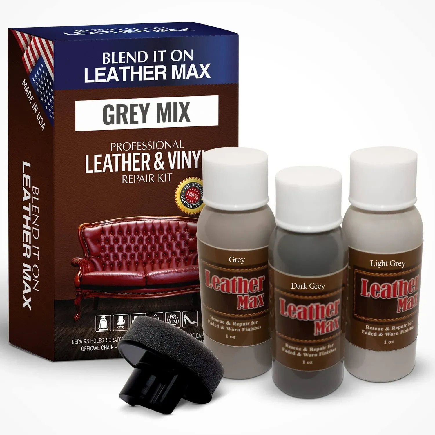 Blend It On Leather Max Grey Mix Vinyl and Leather Repair Kit - Restorer of Your Furniture, Jacket, Sofa, Boat or Car Seat, Easy Instructions to Match