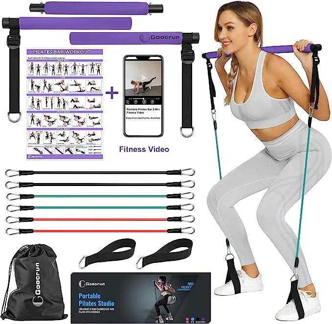 Goocrun Portable Pilates Bar Kit with Resistance Bands for Men and Women - Ho...