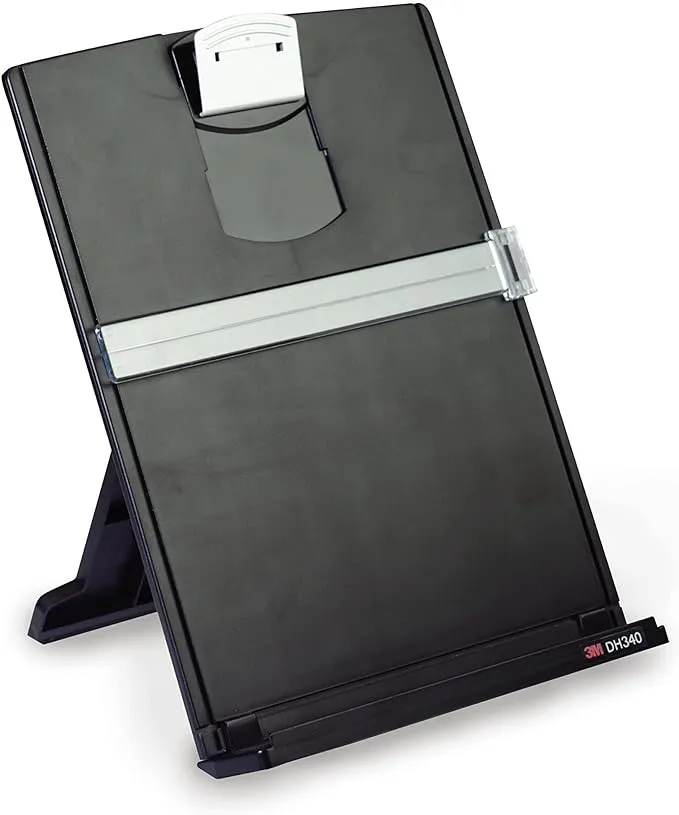 3M Desktop Document Holder, 9.37" x 12.0" x 1.75", Holds 150 Sheets, Black, Adjustable Clip, Line Guide