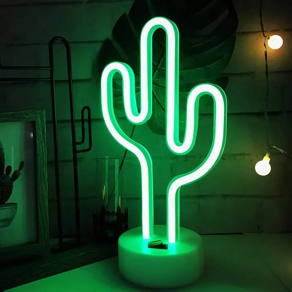 Bailey Green Cactus Neon Light Signs LED Cactus Neon Lights Night Lights with Pedestal Room Decor Battery/USB Operation Cactus Lamps