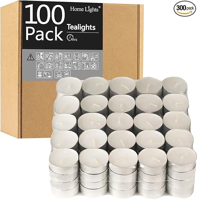 Tealight Candles - 4 Hours - Giant 100,200,300 Bulk Packs - White Unscented European Votive Smokeless Tea Lights for Shabbat, Weddings, Christmas, Home Decorative- 100 Pack