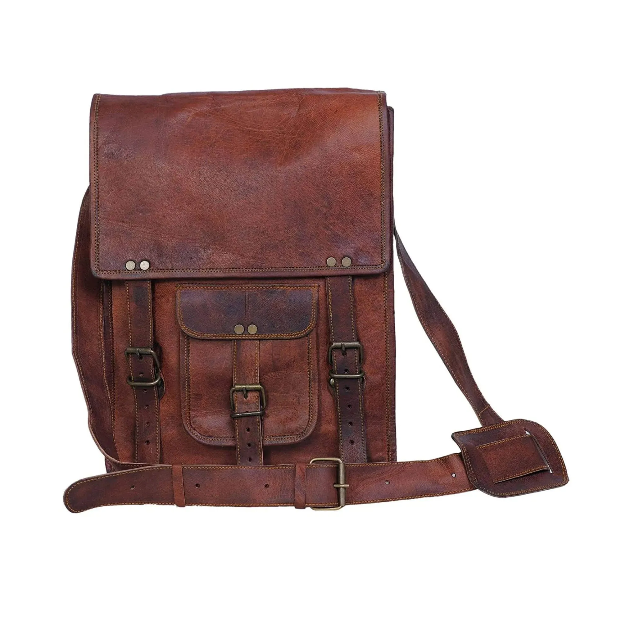 Leather crossbody bag messenger satchel tablet bag 11 inches for men and Brown