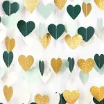 Sage-Green Mint Beige-Gold Heart Garland, 52Ft Glitter Hanging Hearts Garlands, Sage Green Paper Heart Garland, Hearts Garland for Baby Safari Bridal Shower Engagement Wedding Party Decor