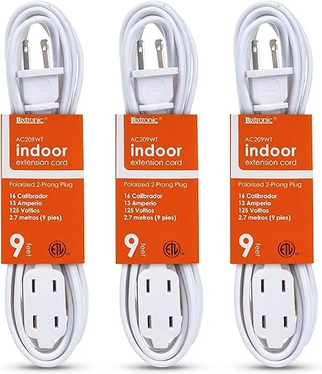 Luxtronic 3 pack 2 Prong Indoor Extension Chord 9 Feet 125 Volts