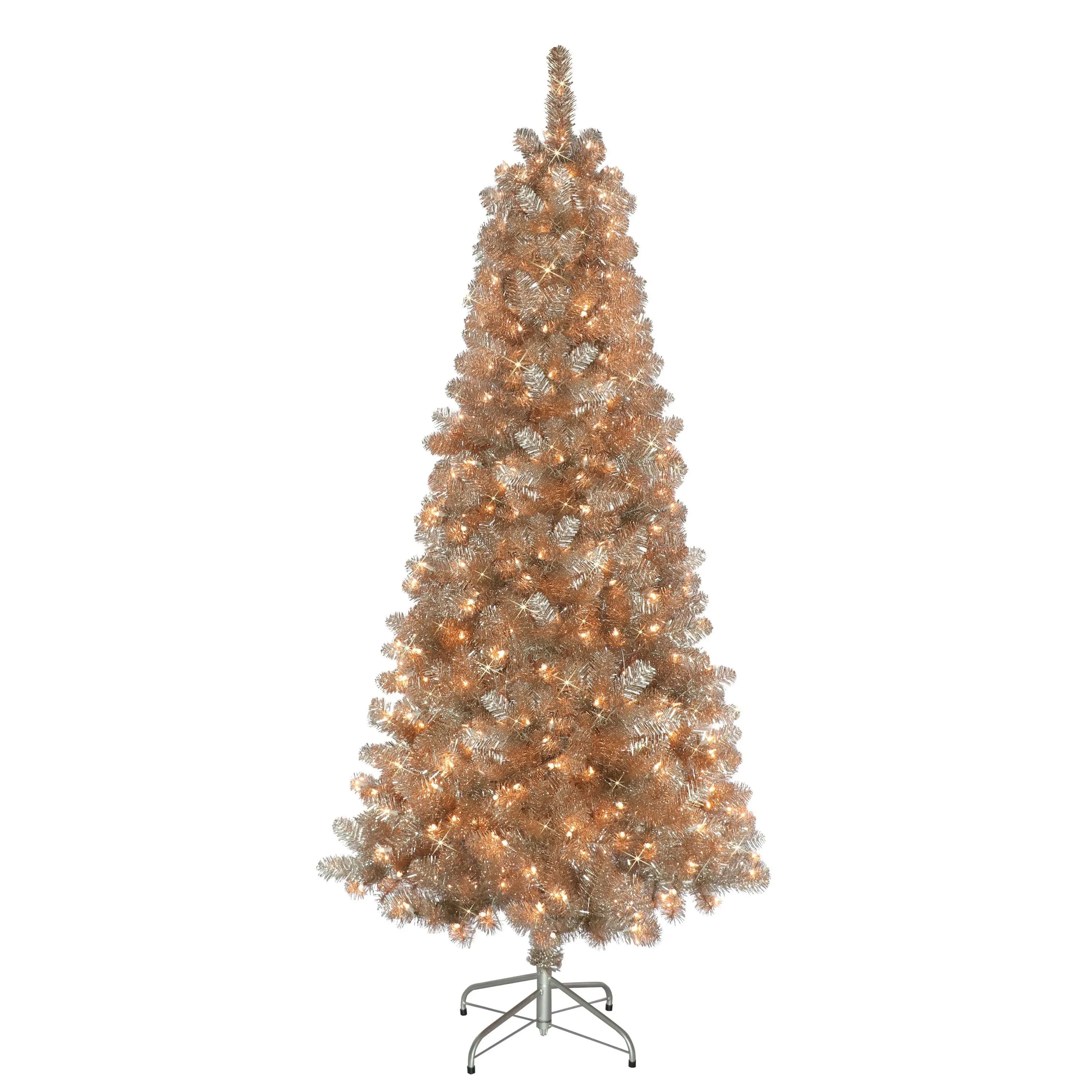 Puleo International 6.5 ft. Rose Gold Tinsel Artificial Christmas Tree with 300 ...