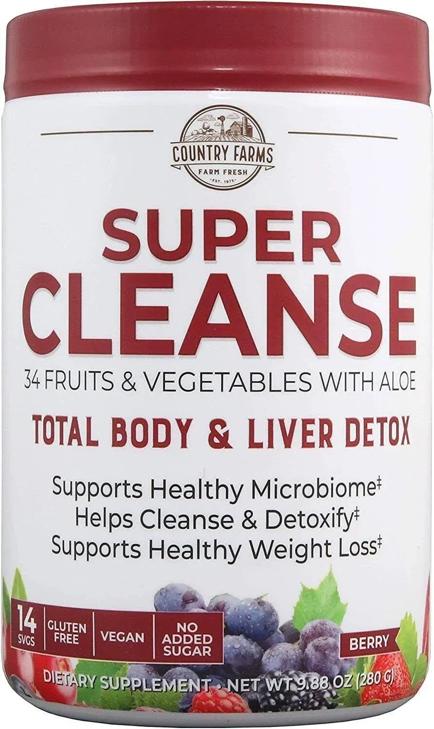 Country Farms Super Cleanse, Super Juice Cleanse, Supports Healthy Digestive System, 34 Fruits and Vegetables with Aloe, Promotes Natural Detoxification, Drink Powder, 14 Servings, 9.88 Ounce