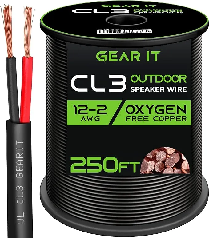 GearIT 12/2 Speaker Wire (250 Feet) 12AWG Gauge - Outdoor Direct Burial in Ground/in Wall / CL3 CL2 Rated / 2 Conductors - OFC Oxygen-Free Copper, Black 250ft