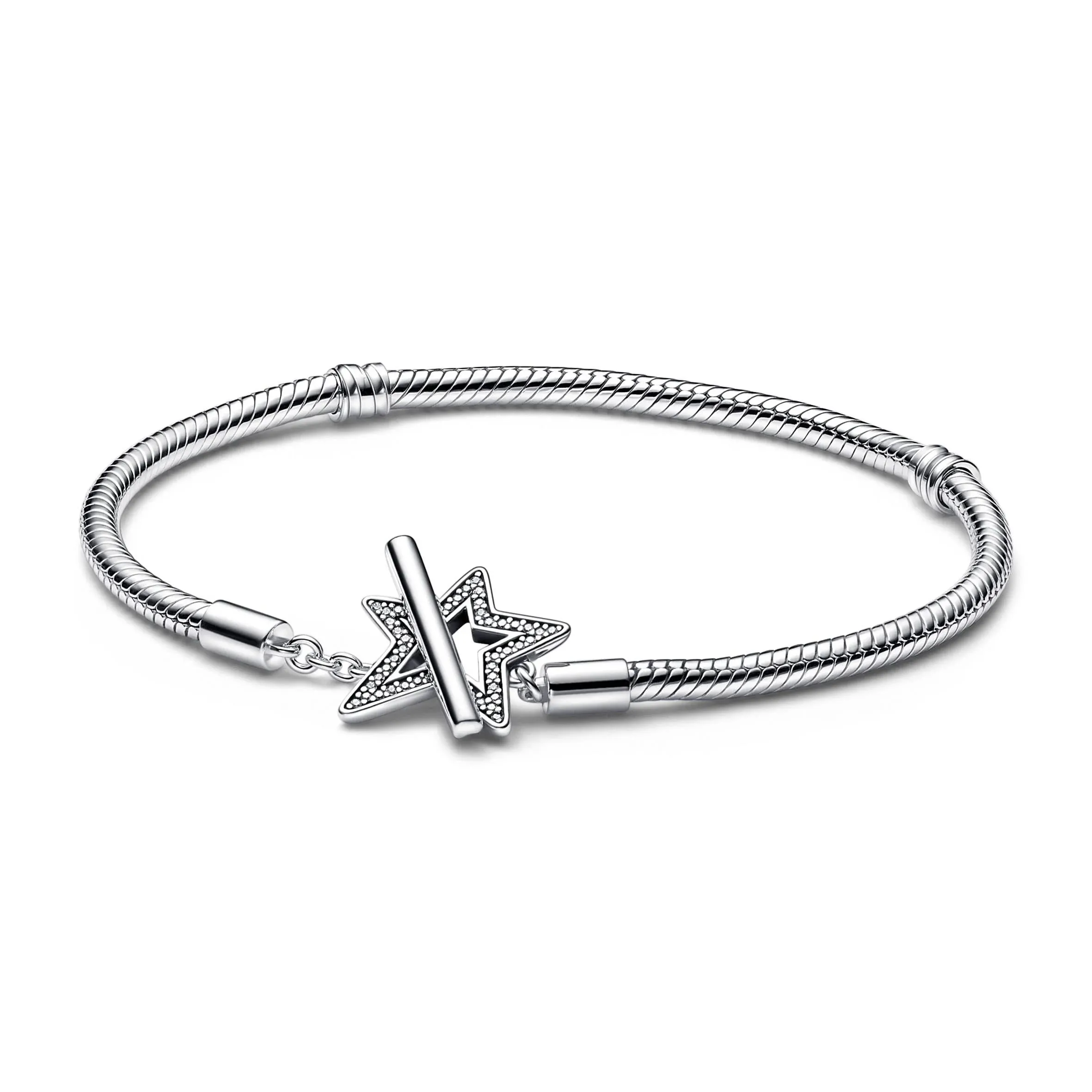 Pandora Moments 925 Sterling Silver Asymmetric Star T-Bar Snake Bracelet 592357C01-17