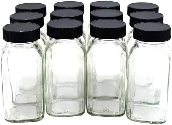 12 pieces of French Square Glass Spice Bottles 6 oz Spice Jars with Black Plastic Lids, Shaker Tops, and Labels by U-Pack