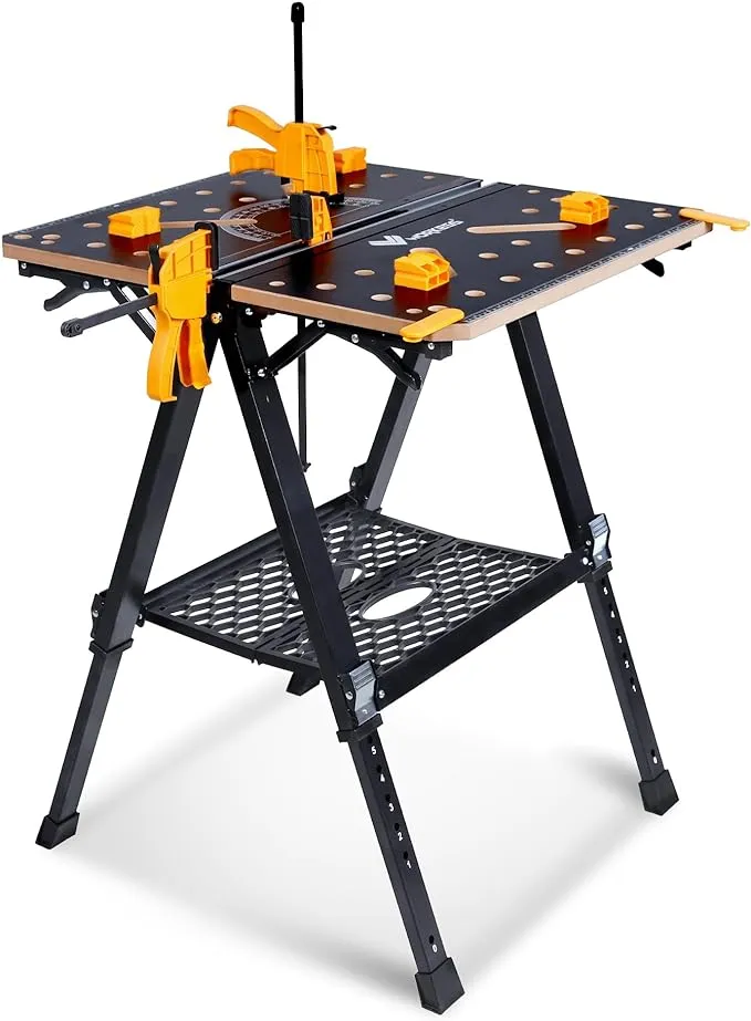 Portable Workbench & Sawhorse, 1000Lbs Capacity Heavy Duty Folding Work Table, 23.6"-36" Adjustable Height with 2 Quick Clamps, 4 Bench Dogs, 2 x 4 Support Arms for Garage