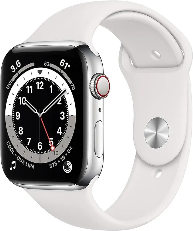 Apple Watch Series 6 (GPS + Cellular, 44mm) - Silver Stainless Steel Case with White Sport Band (Renewed)