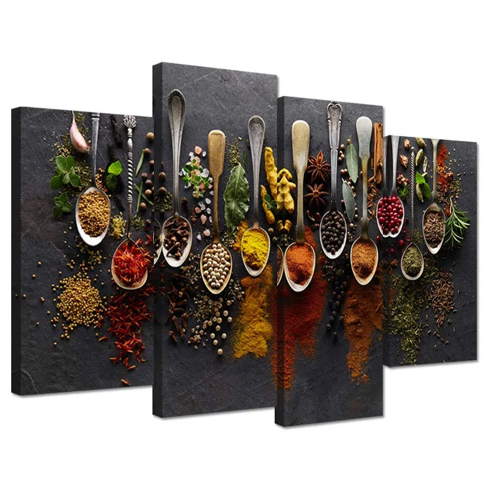 iHAPPYWALL Kitchen Pictures Wall Decor 4 Pieces Couful Spice in Spoon Vintage ...