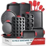 Joytable Nonstick Bakeware Set - 15 PC Baking Tray Set with Silicone Handles & Utensils - Oven Safe & Carbon Steel Cookie Sheets, Baking Pans, Cake