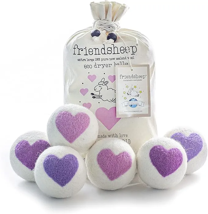 Friendsheep Organic Wool Dryer Balls Pink Purple Hearts 6 Pack XL Premium Reusable Cruelty Free Handmade Fair Trade No Lint Fabric Softener - Lovely