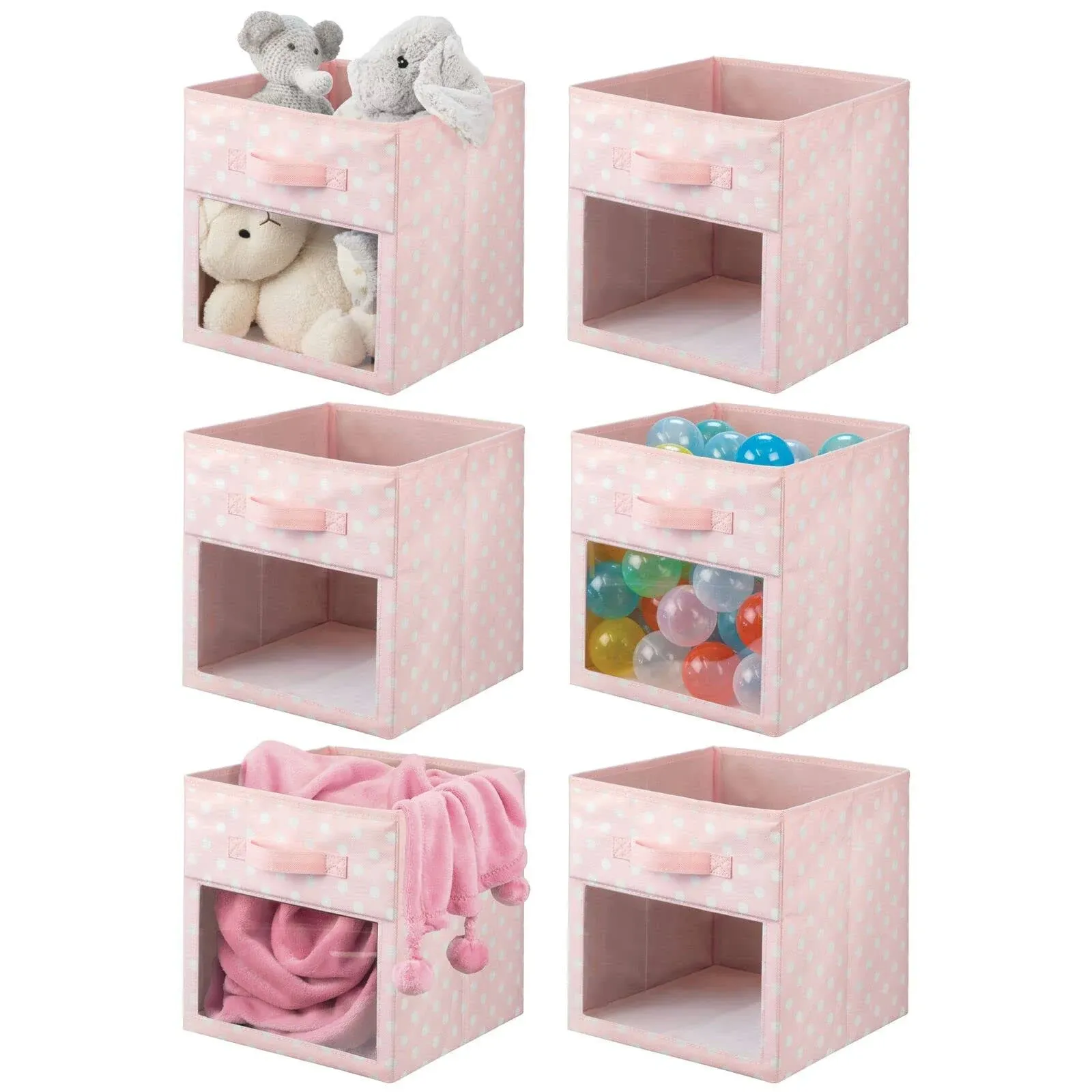 mDesign Fabric Nursery/Playroom Closet Storage Organizer Bin Box, Front Handle/Window for Cube Furniture Shelving Unit, Hold Toys, Clothes, Diapers, Bibs, 6 Pack, Pink/White Polka Dot