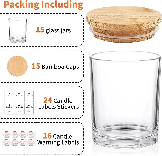 SUPMIND 15 Pack Candle Glass Jars- 7oz Grayish Pink Empty Candle Jars with Bamboo Lids and Sticky Labels, Bulk Candle Jars for Making Candles Containers - Dishwasher Safe