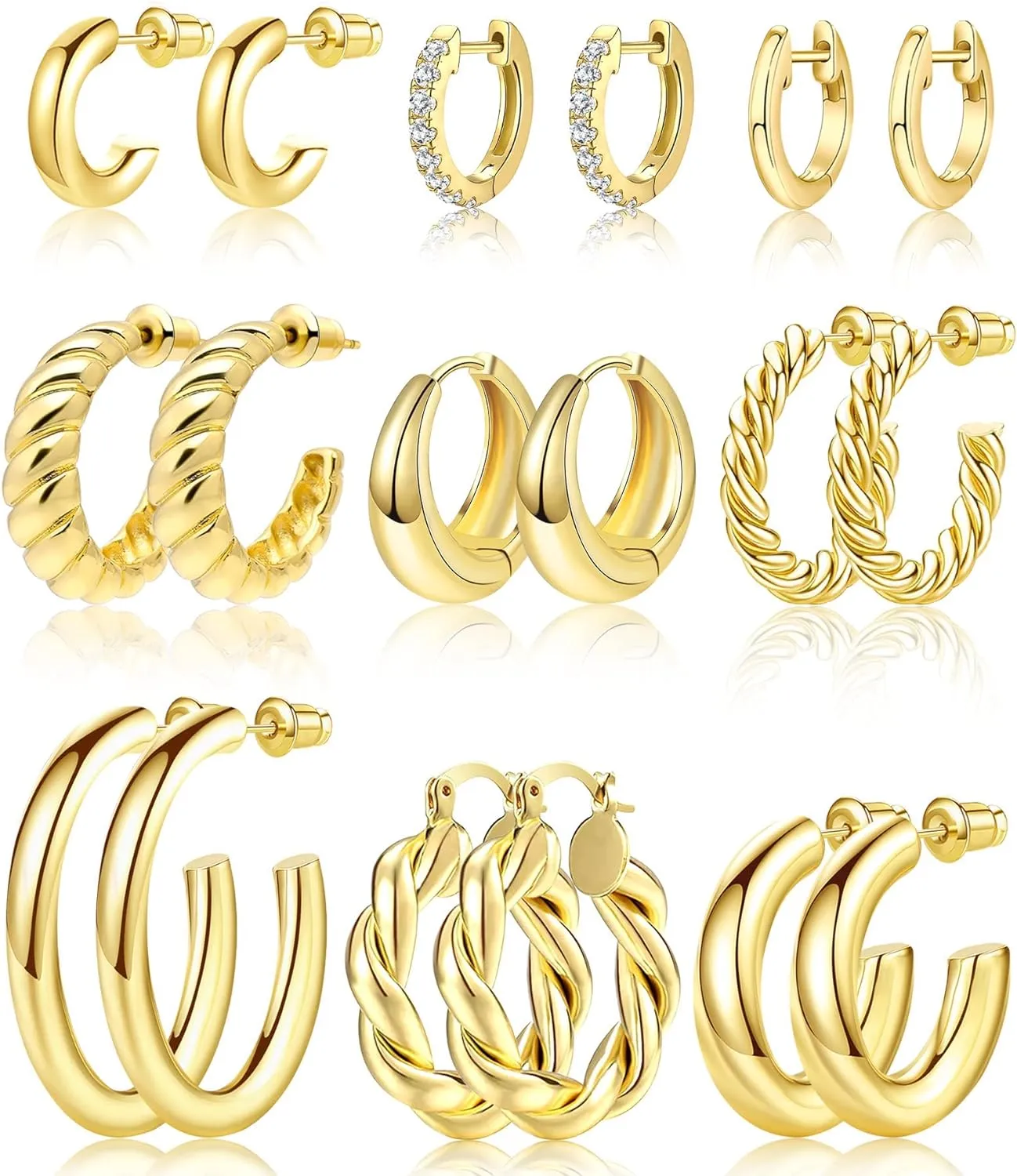 adoyi 9 Pairs Gold Hoop Earrings Set for Womens Gold Twisted Huggie Hoops Earrings 14K 18K Gold Plated for Girls Gift Lightweight