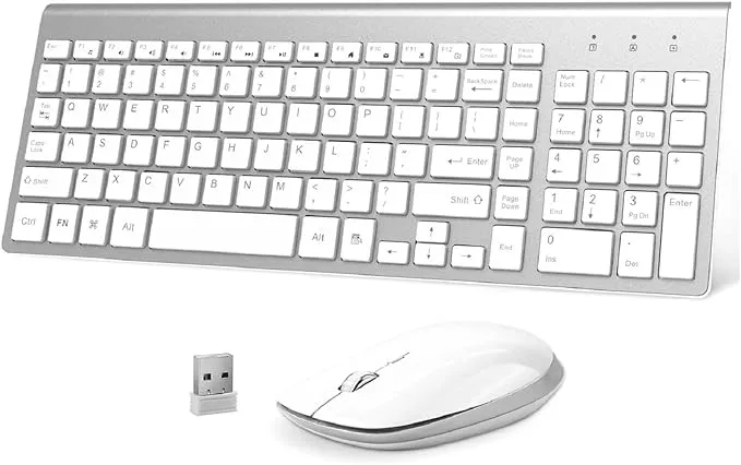 Wireless Keyboard Mouse Combo, 2.4G USB Slim Keyboard and Mouse Silent Full-Size Ergonomic Compact with Number Pad for Laptop PC Computer - Silver