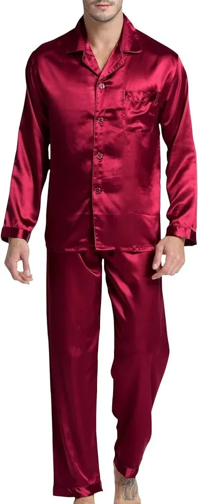 Men&#039;s Satin Pajamas Long Button-Down Pj Set Sleepwear Loungewear