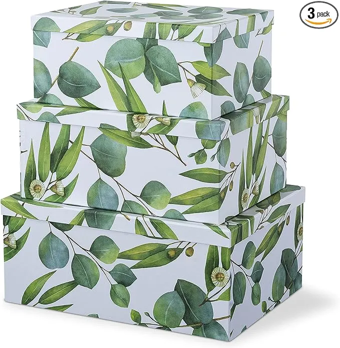 Soul & Lane Decorative Cardboard Boxes With Lids For Home Décor - Sprigs Of Green - Set of 3: Large Nesting Gift Boxes, Pretty Paperboard Storage Boxes For Organizing, Memory Boxes For Keepsakes