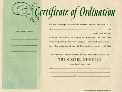 Certificate of Ordination for Minister - Beige Parchment with Green Print (Package Of 6)