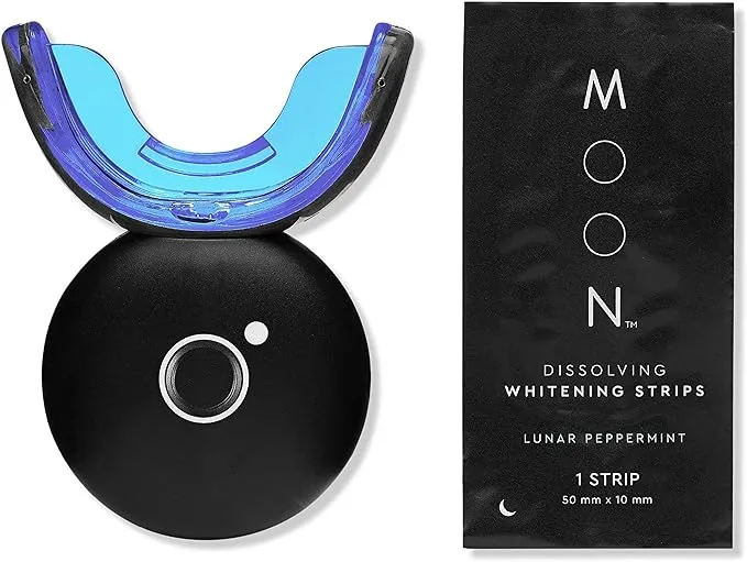 MOON Teeth Whitening Kit with LED Accelerator Light, 56 Dissolving Strips Included, 5 Minute Treatment, Gentle on Sensitive Teeth, Enamel-Safe, Helps Remove Tough Stains from Coffee, Smoking, Wine