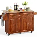 Kitchen Island with Drop Leaf and Storage, on Wheels Two Drawers, Large Storage Cabinet, Towel Rack Spice Cart Brown