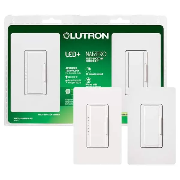 Lutron Maestro LED+ Dimmer Switch Kit for Dimmable LED, Halogen and Incandescent Bulbs, 150W/3-Way or Multi-Location, MACL-153M-RHW-WH, White 