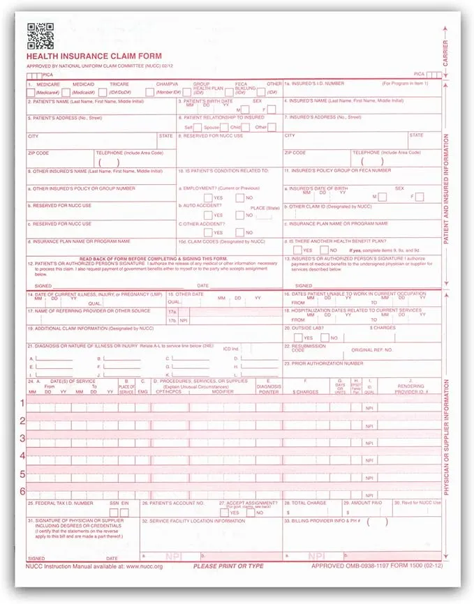 New CMS 1500 Claim Forms - HCFA (Version 02/12) 100 per Ream