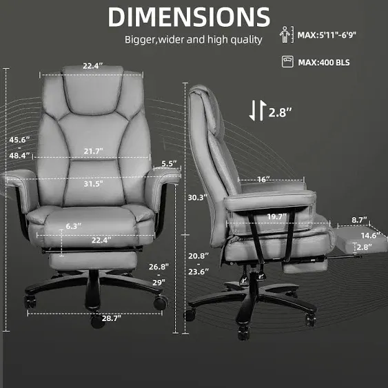 GYI Big and Tall Office Chair 400LBS with Wide Seat and Arms, 160° Reclining Office Chair with Footrest, Comfortable Executive Office Desk Chair High Back, Computer Chair Home Office