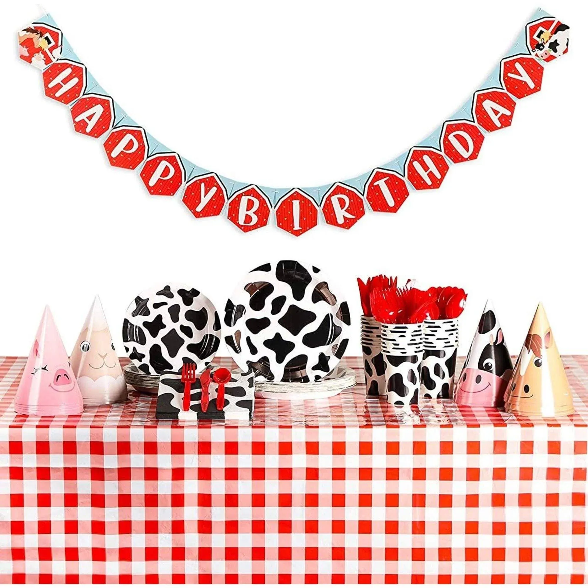 Blue Panda 195-Piece Farm Animals Birthday Party Pack, Hats, Banner, Tablecloths ...