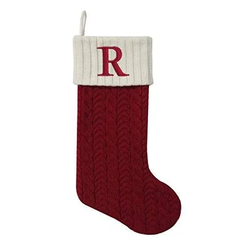 MFT St. Nicholas Square 21-inch Monogram Embroidered Initial Cable Knit Red Christmas Holiday Stocking Letter R