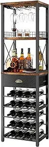 Homeiju Wine Rack Freestanding Floor, Bar Cabinet for Liquor and Glasses, 4-Tier bar Cabinet with Tabletop, Glass Holder, Storage Drawer and Wine Storage for Living Room, Home Bar(Patent No.D29872845)