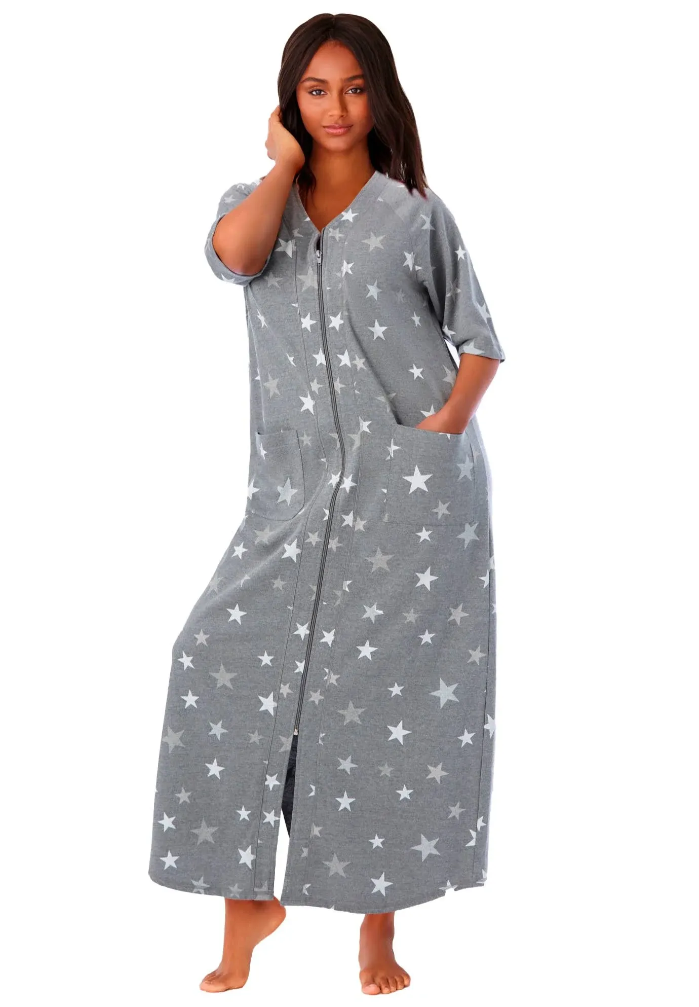 Dreams & Co. Women's Plus Size Petite Long French Terry Zip-Front Robe - 3X, Heather Grey Stars